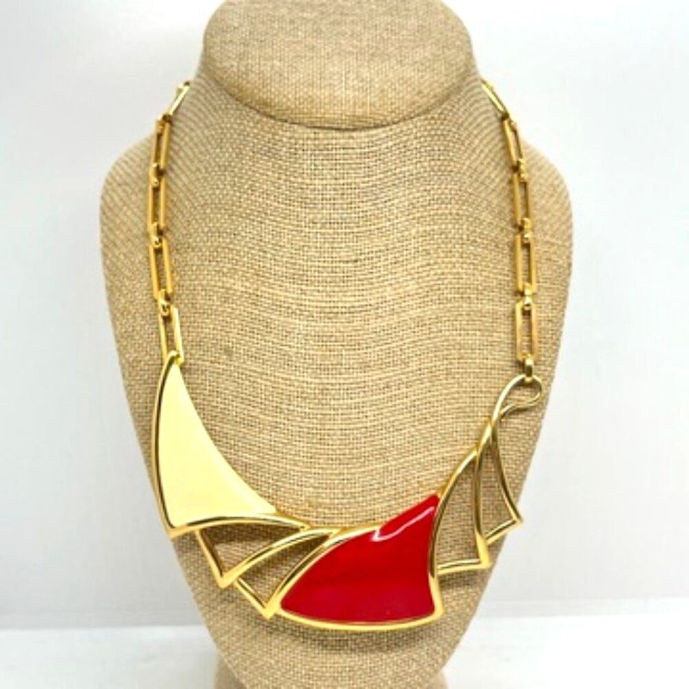 VINTAGE MONET NECKLACE Red Cream Enamel Gold Bib Statement 80s